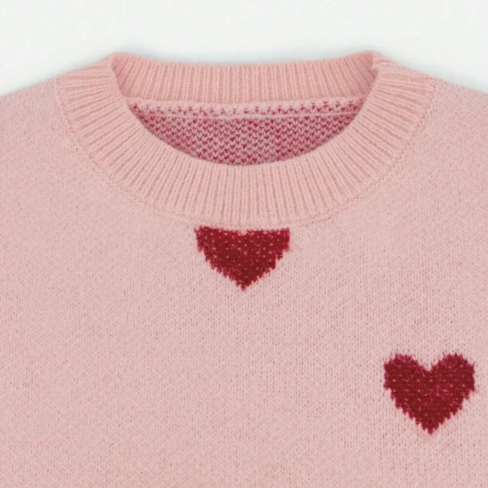 Dusty Pink Casual Women's Valentine Heart Loose-Fit Sweater